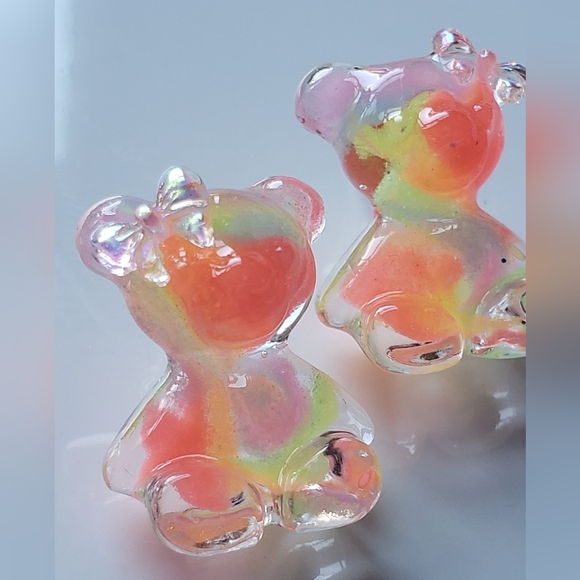 Handmade Rainbow Bear with Bows Stud Earrings - Reacts to UV Light - Picture 4 of 8